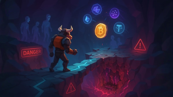 Low-poly bull approaching a dangerous chasm with crypto icons and warning signs, representing crypto risk management and avoiding scams.