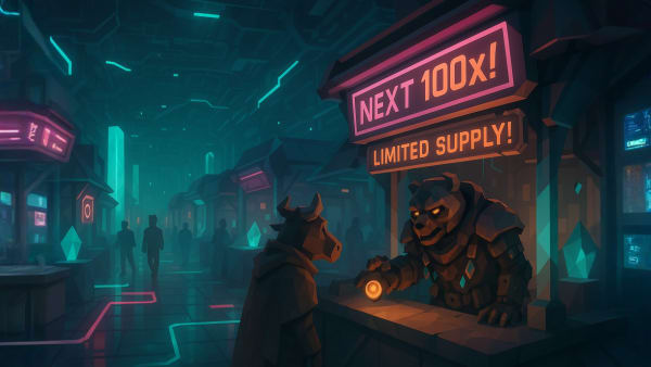 Low-poly bull confronting “Next 100x” and “Limited supply” hype signs, representing FOMO, speculation, and hype cycles in crypto.