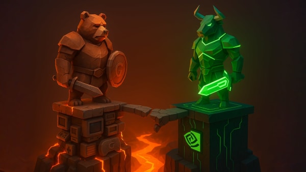 Low-poly bear value knight and neon green bull on an NVIDIA pedestal, representing value vs growth and AI stock market shifts.