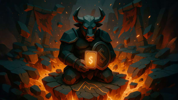 Low-poly bull warrior holding a glowing S-score token and shield amid rubble, representing disciplined investing with Stoxcraft ratings.