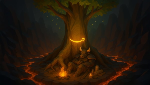 Low-poly bull investor resting under an Amazon-marked tree by a campfire, representing long-term holding and patience in stocks.