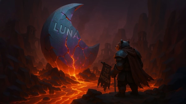 Low-poly bear watching the cracked “LUNA” moon above lava with “To the moon” flag, representing crypto bubbles and crashes.