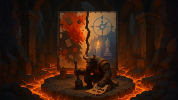 Low-poly bull studying a split board of chaos vs compass with “Figma” and “Adobe” notes, representing choosing tools and strategy.