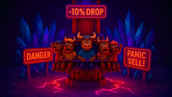 Low-poly bull choosing between safe and risky paths with signs and icons, representing risk vs reward in beginner investing.