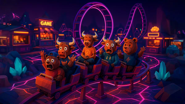 Low-poly bull comparing fees and returns on a board, representing ETF costs, expense ratios, and smart investing choices.