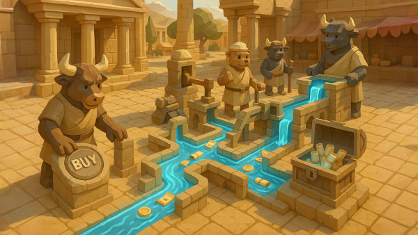 Low-poly bull riding a market roller coaster with emotion icons, representing volatility, panic selling, and staying disciplined.