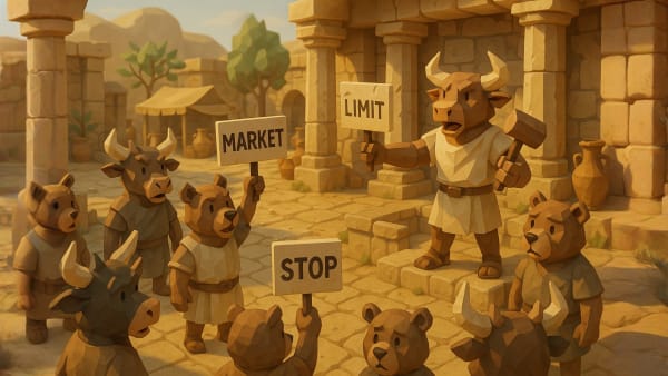 Low-poly bull ignoring noisy alerts while holding a plan, representing avoiding FOMO, hype, and impulsive trading.