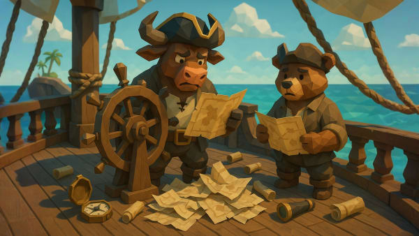 Low-poly bull stepping onto a new level gate, representing completing markets & products training and progressing in Stoxcraft.