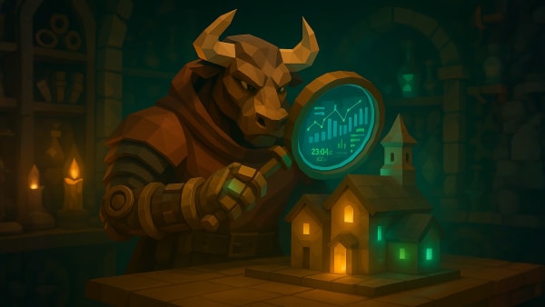 Low-poly bull checking correlations between asset cards, representing diversification benefits and reducing portfolio concentration.