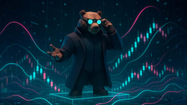 Low-poly bear analyst studying company reports and ratios, representing fundamental analysis and stock valuation basics.