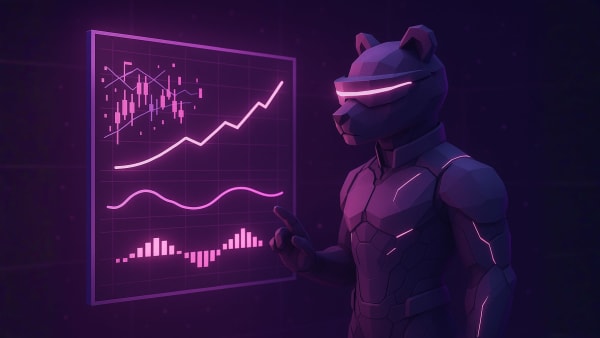 Low-poly bear rating a company with score cards, representing stock screening with fundamentals and quality metrics.