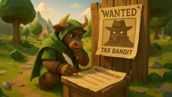 Low-poly bull comparing chart patterns on cards, representing technical setups, entries, and exits for trading plans.