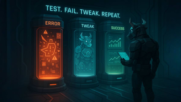 Low-poly bull reviewing “Error, Tweak, Success” pods under “Test. Fail. Tweak. Repeat.”, representing backtesting and strategy improvement.