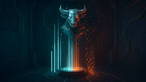 Low-poly bull spotting a rumor bubble versus facts board, representing due diligence and filtering market noise.