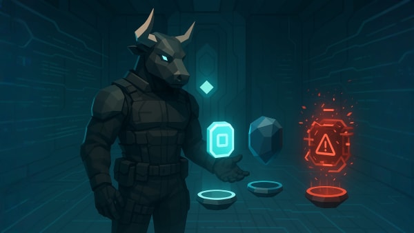 Low-poly bull earning a news-and-sentiment badge, representing mastering hype cycles, market news, and investor discipline.