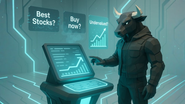 Low-poly bull analyst using a futuristic dashboard with “Best stocks” and “Undervalued” prompts, representing stock screening in Stoxcraft.