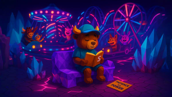 Low-poly bull earning a glowing skill badge, representing mastering investing basics, stock market fundamentals, and learning progress.