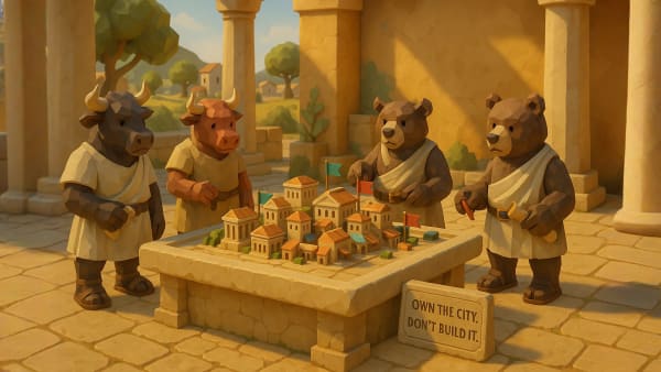 Low-poly bull meditating beside a price chart, representing emotional control, long-term thinking, and behavior in markets.