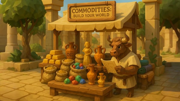 Low-poly bull unlocking a calm-focus skill tile, representing investor mindset, consistency, and long-term portfolio success.