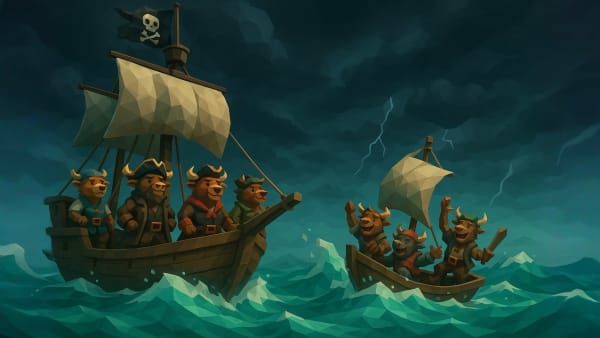 Low-poly bull comparing product stalls labeled stocks and bonds, representing asset classes, risk profiles, and diversification.