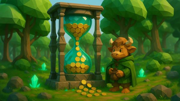 Low-poly young bull beside a coin-filled hourglass in a forest, representing patience, long-term investing, and compounding returns.