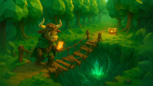 Low-poly young bull crossing a broken rope bridge holding an S-score card toward a treasure chest, representing risk-reward investing.