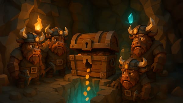 Four bull characters dressed as miners gathered around a locked treasure chest glowing with gold light, symbolizing teamwork, strategy, and risk in investing