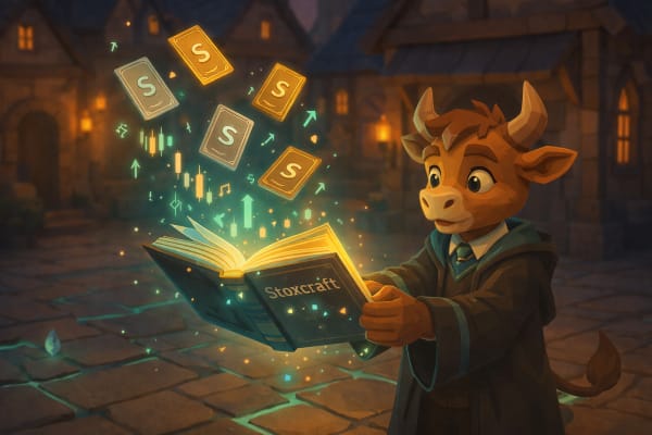 Low-poly bull student reading a glowing Stoxcraft book with floating trading cards and stock chart arrows, representing gamified investing education.