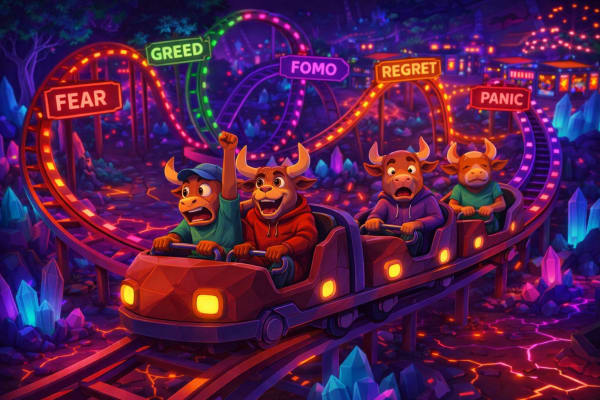 Low-poly bulls riding an emotional roller coaster under signs Fear, Greed, FOMO, Regret, and Panic, representing investor psychology and behavioral finance.