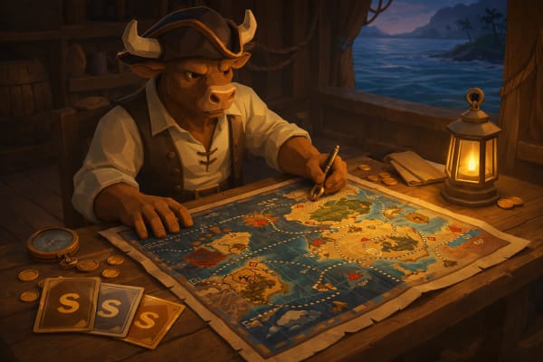 Low-poly bull captain plotting routes on a world map with coins and cards, representing risk management, portfolio diversification, and asset allocation.