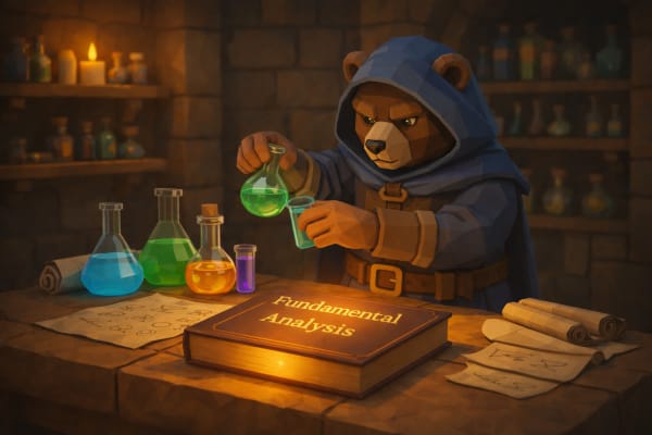 Low-poly bear analyst mixing formulas beside a Fundamental Analysis book and reports, representing company valuation, financial statements, and fundamental investing.