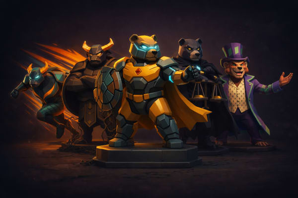 Low-poly armored bear leader rallying bull and bear heroes, representing investment strategy, trading tactics, and the Strategy Codex.