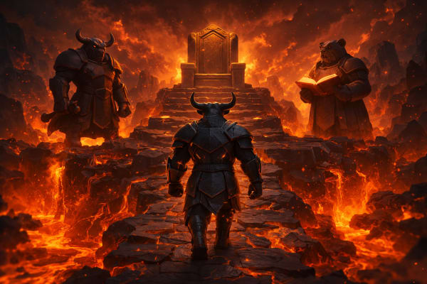 Low-poly bull warrior walking across a lava bridge toward a throne with bull and bear guides, representing the final quest to investing mastery and financial independence.