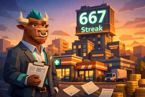 Stylized low-poly bull real estate investor standing in a commercial property district, looking at a glowing “667 Streak” sign symbolizing Realty Income’s record of consecutive monthly dividend payments.