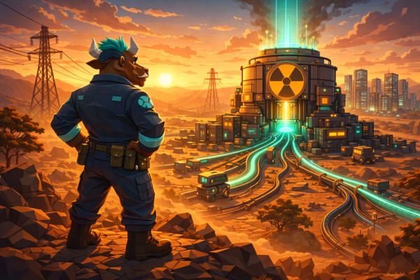 Low-poly illustration of a bull engineer overlooking a nuclear reactor with a radiation symbol powering AI data centers through glowing energy lines in a retro-futuristic landscape at sunset.