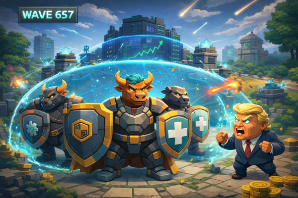 Low-poly, gaming-inspired tower defense scene showing bull “tank” characters forming a shield barrier against incoming threats, symbolizing how defense stocks protect portfolios during geopolitical uncertainty and market stress.