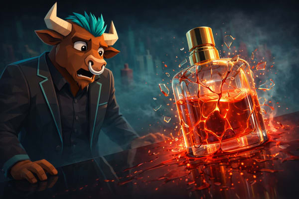 A low-poly bull watches a cracked luxury perfume bottle leak glowing red liquid, representing the sharp decline and broken premium narrative of Estée Lauder’s stock