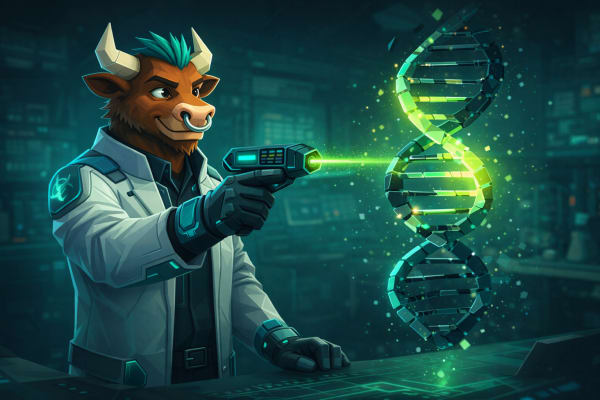 A futuristic low-poly bull in a high-tech lab outfit scans a glowing DNA strand, highlighting how deeper analysis can reveal hidden signals and overlooked value in biotech data like United Therapeutics.