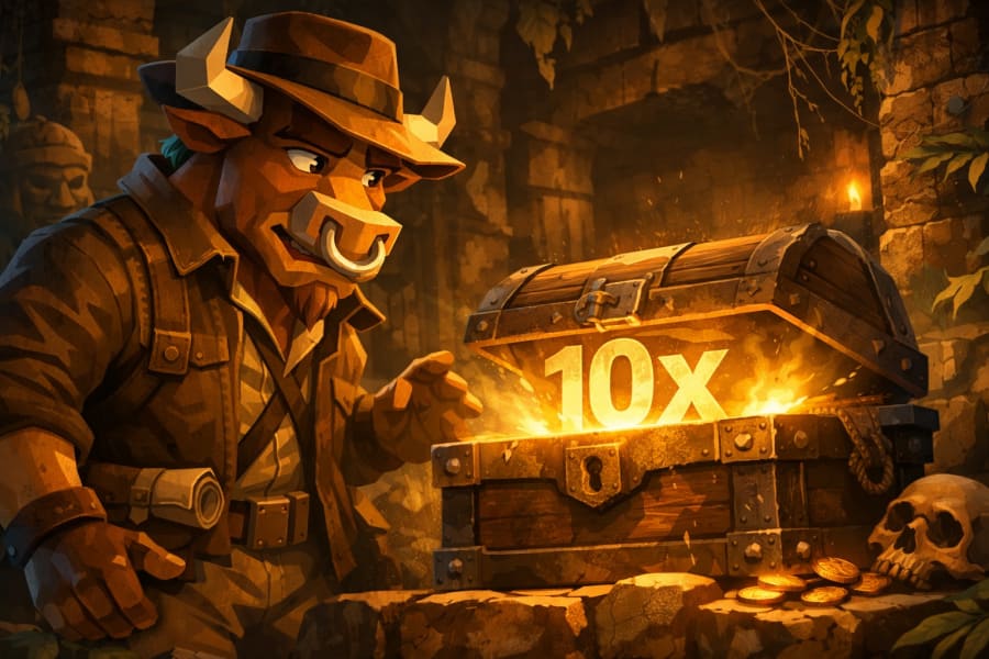 Low-poly 3D bull explorer in an ancient temple opening a glowing treasure chest marked “10x”, symbolizing the discovery of a potential ten-bagger stock opportunity.