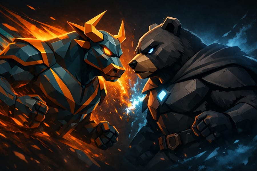 Low-poly bull and bear facing each other like a superhero movie showdown. The bull represents accelerating growth while the bear stands for valuation discipline, symbolizing the clash between momentum investing and fundamental analysis.
