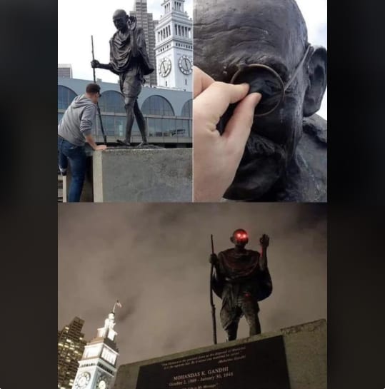 In 2019, someone placed laser eyes on the Gandhi statue at Ferry Plaza in San Francisco