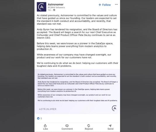 Andy Byron, Astronomer CEO, cheater, and Coldplay fan, is now out of a job.