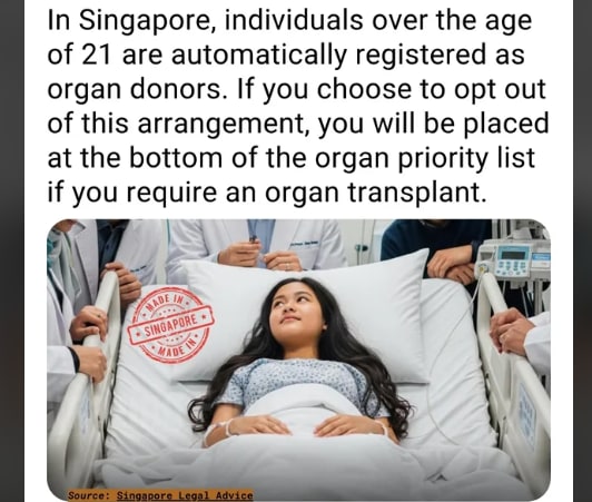 Singapore's organ donation policy: Opt out, drop down the priority list.