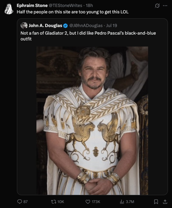 Pedro Pascal’s black-and-blue outfit