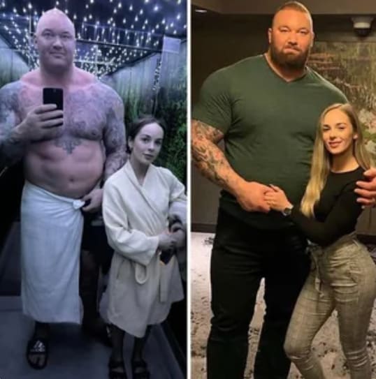 The famous strongman and "Game of Thrones" actor with his wife. Hafþór Júlíus Björnsson is 206 cm tall and weighs 200 kg, while Kelsey Henson is only 157 cm tall and weighs 49 kg.