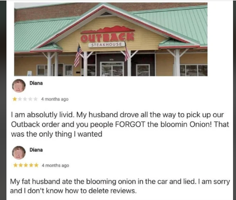 fat husband ate the blooming onion and lied