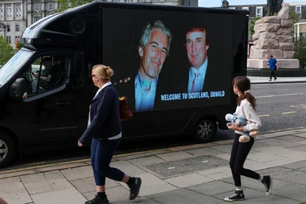Protest in Aberdeen mobile ad van displays Trump Epstein photo