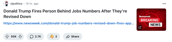 Donald Trump Fires Official After Jobs Numbers Are Revised Down