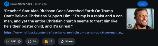 Reacher Star Alan Ritchson Slams Trump, Criticizes Christian Support: Rapist and Con Man