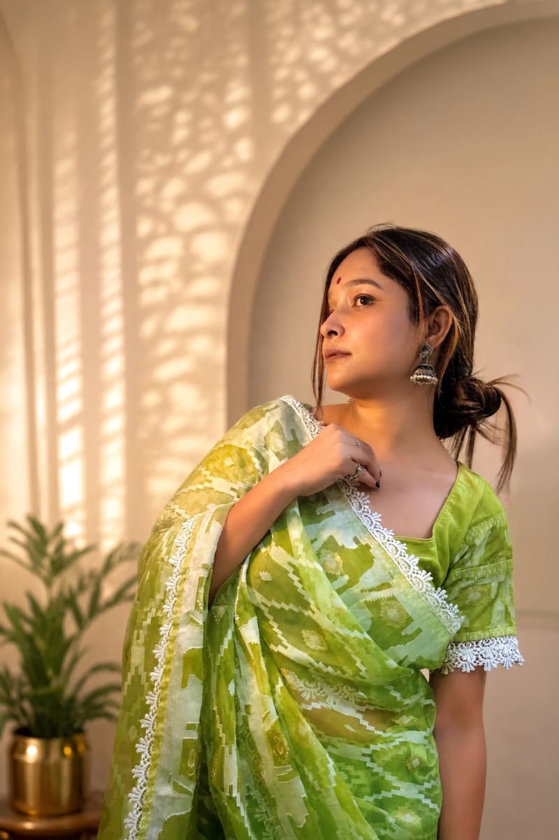 Tarangi - Green Gorgette Saree With Designer Blouse